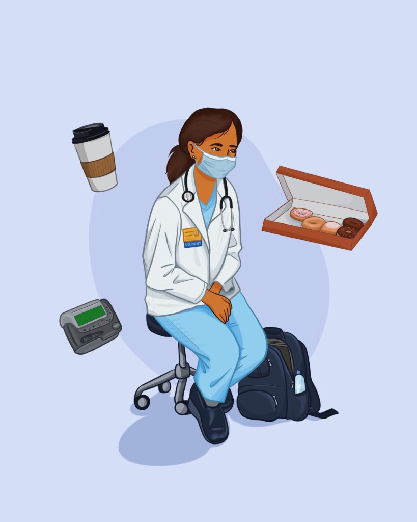 A female medical student in a lab coat, scrubs, and stethoscope sits hunched over on a stool, surrounded by a travel cup of coffee, a pager, a box of donuts with five donuts remaining inside, and a backpack on the floor next to her. These images are all on a periwinkle background