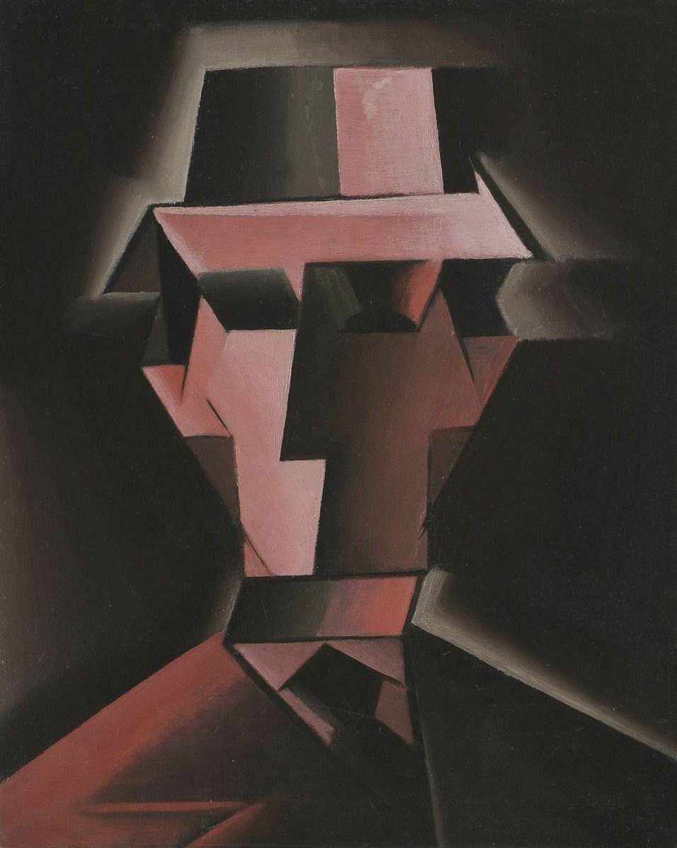 Man with an indistinguishable face made up of geometric shapes and hard angles; the entire painting is in blacks, grays, and reds