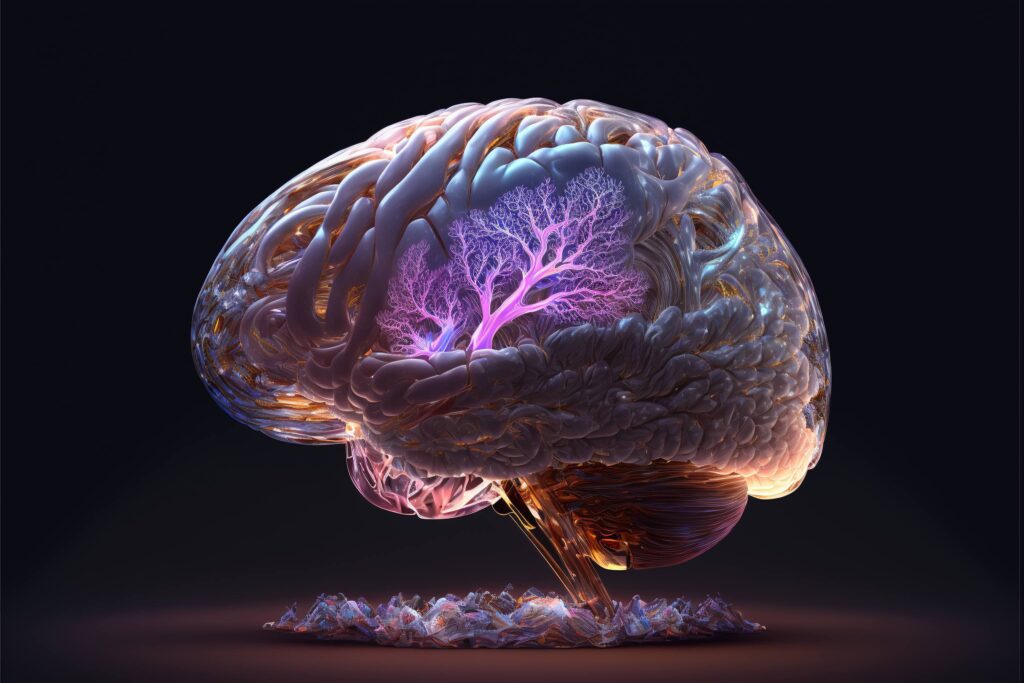 A rendered, multicolored brain model, lit from within, on a black background