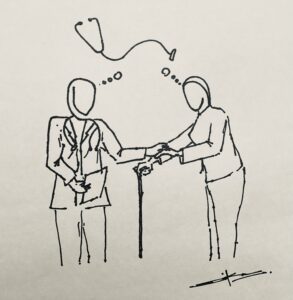 Simple drawing of a faceless physician meeting the hand of a faceless woman leaning on a cane. The two of them have a shared thought bubble containing a stethoscope; the earpiece end faces the physician while the other faces the patient.