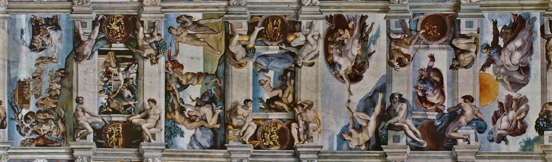 Sistine Chapel ceiling by Michaelangelo. Crop and darkening of photo by Amandajm on Wikimedia (https://commons.wikimedia.org/wiki/File:CAPPELLA_SISTINA_Ceiling.jpg). CC BY 3.0 (https://creativecommons.org/licenses/by-sa/3.0/deed.en).